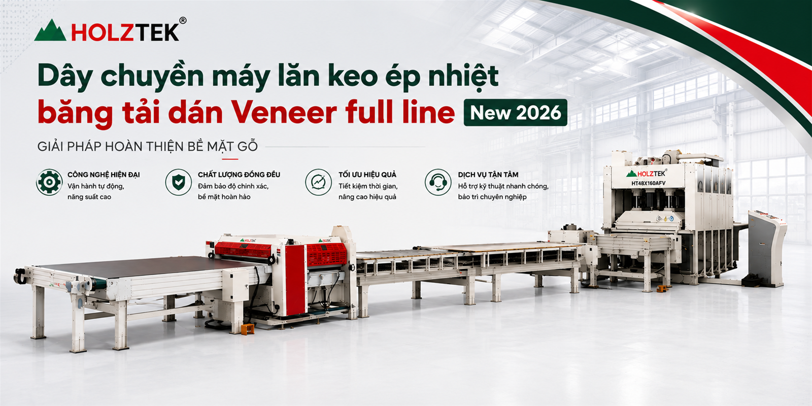 Dây chuyền máy lăn keo ép nhiệt băng tải dán Veneer full line New 2026