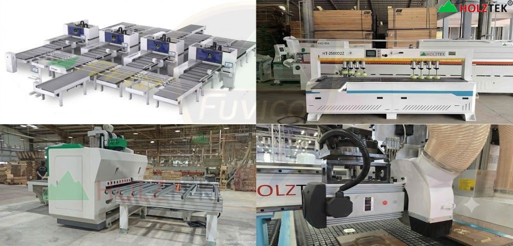Các nhóm máy trong hệ thống máy khoan CNC Holztek gồm khoan ngang, khoan 6 mặt và CNC trung tâm.