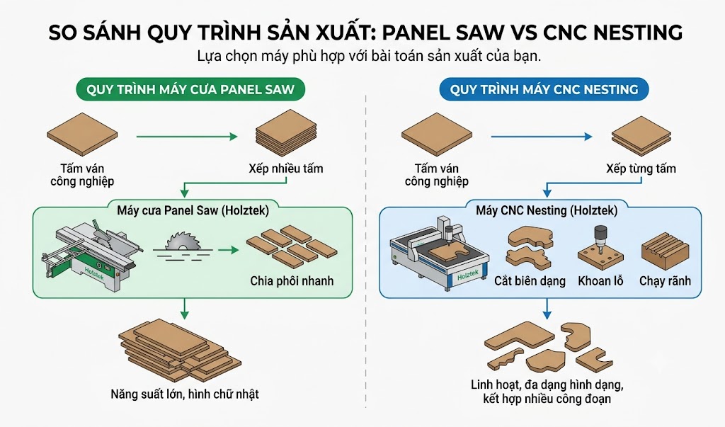 So sánh quy trình sử dụng máy cưa Panel Saw và CNC Nesting