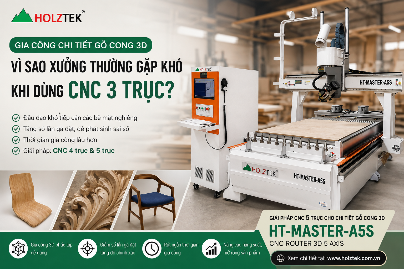 Gia công chi tiết gỗ cong 3D bằng máy CNC