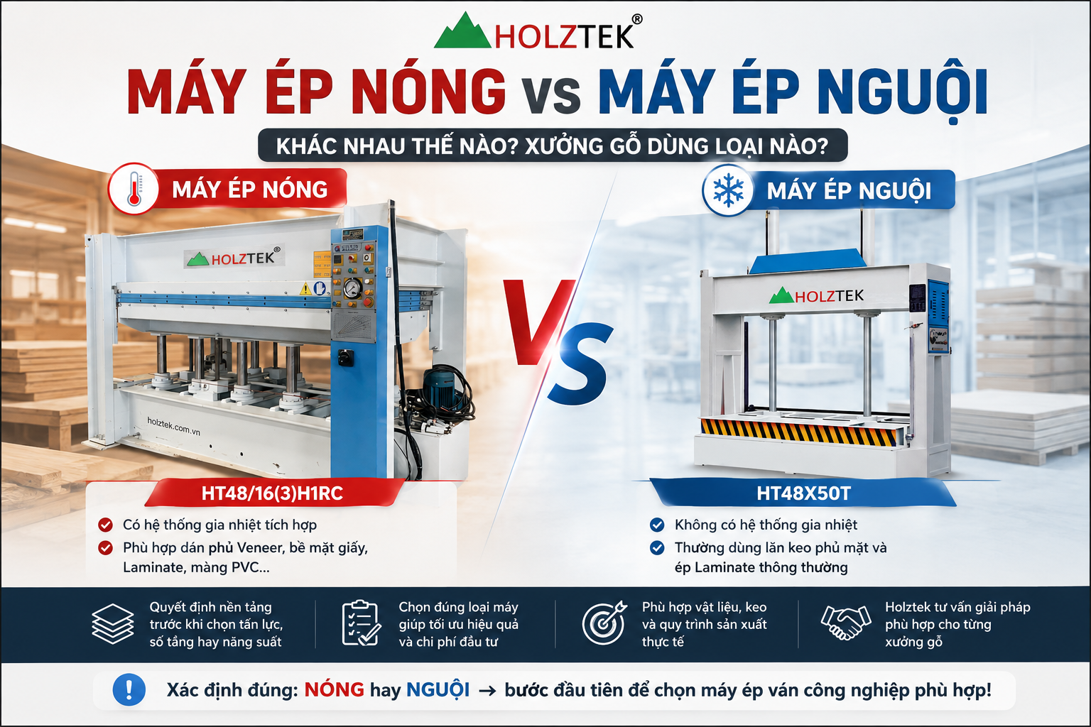  So sánh máy ép nóng và máy ép nguội Holztek